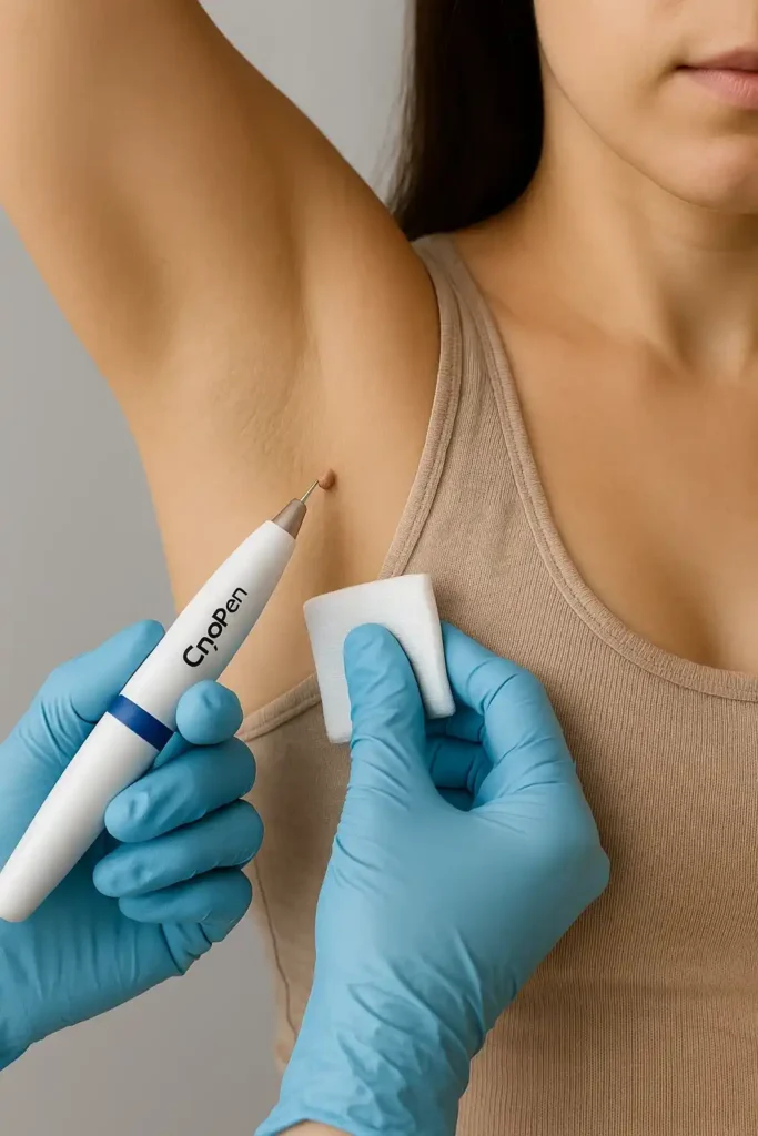 woman having cryopen to remove underarm skin tags Isleworth