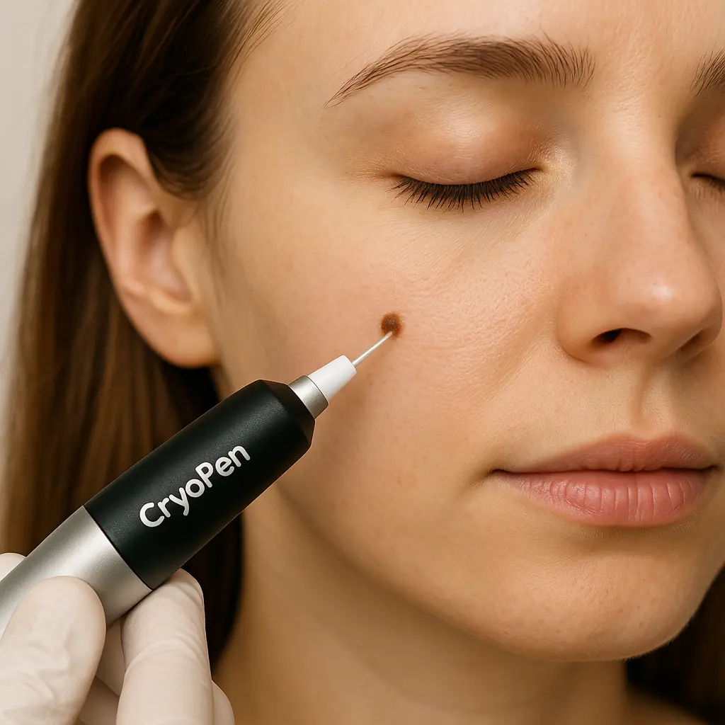 woman receiving facial mole removal Isleworth using cryopen 